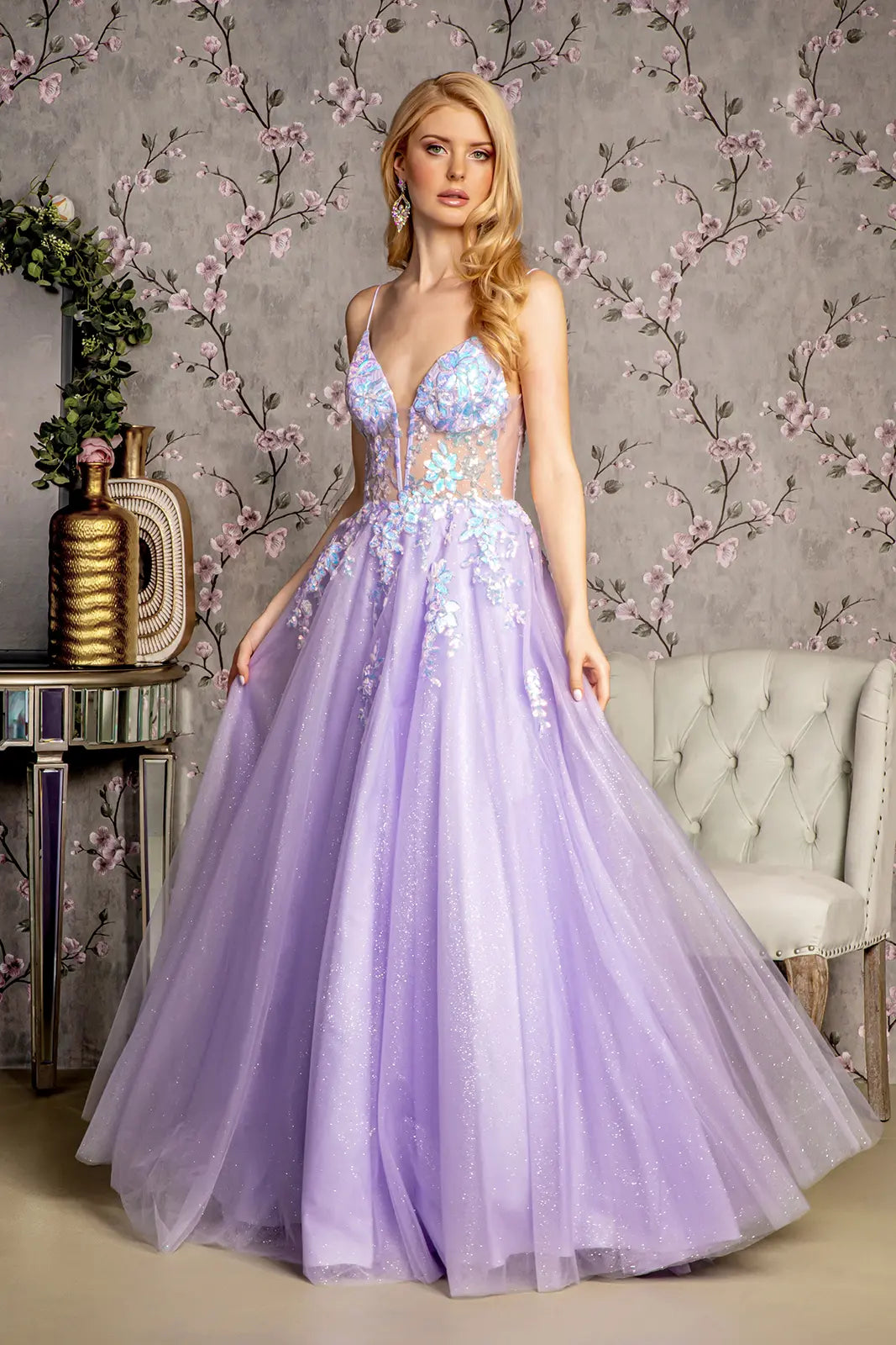 Sequin glitter sheer bodice v back mesh a line long dress GLGL3226