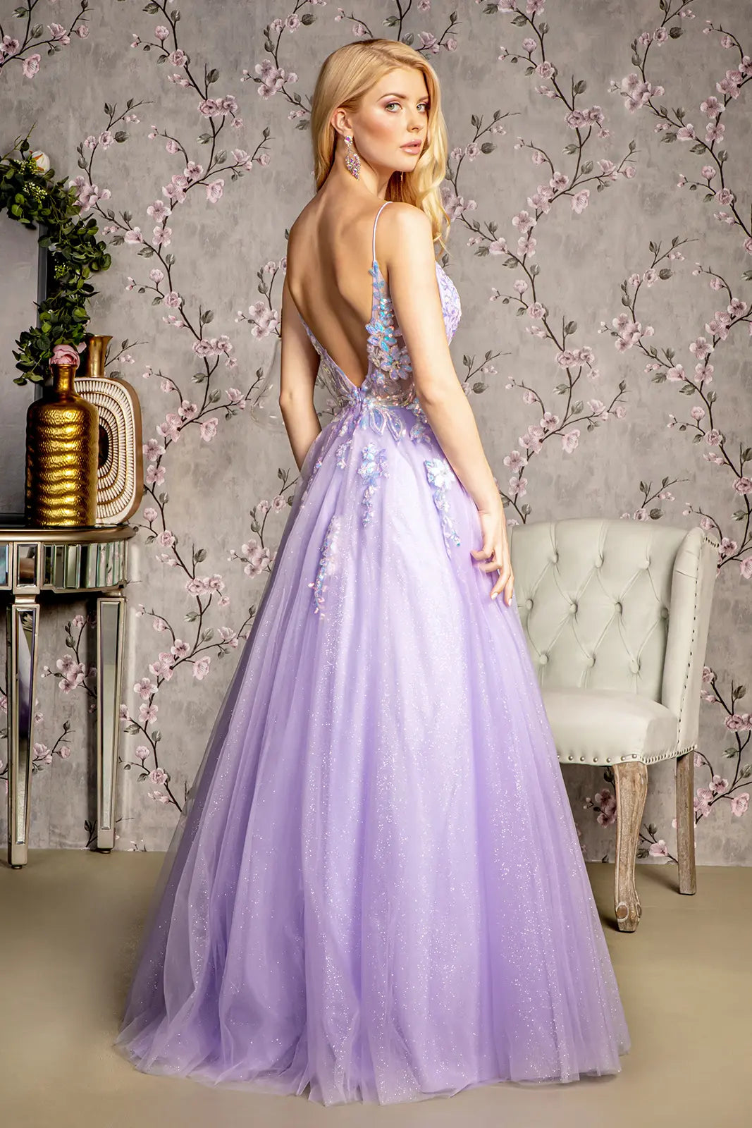 Sequin glitter sheer bodice v back mesh a line long dress GLGL3226